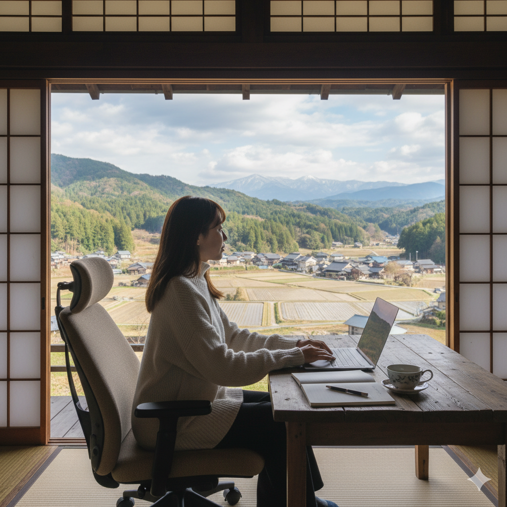 地方移住した土地でテレワークをする女性