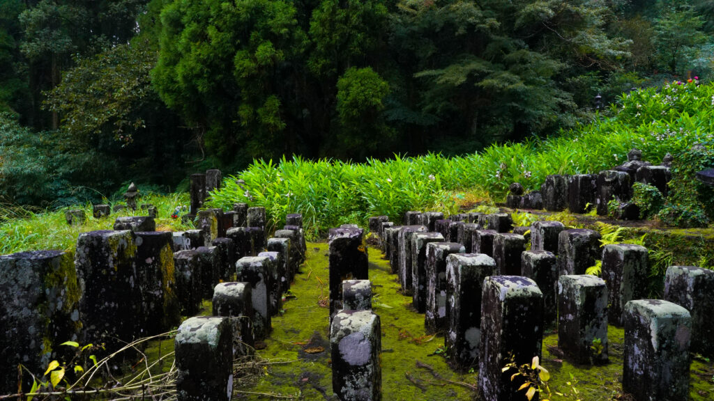 鹿児島県霧島市の念佛寺跡の墓石群